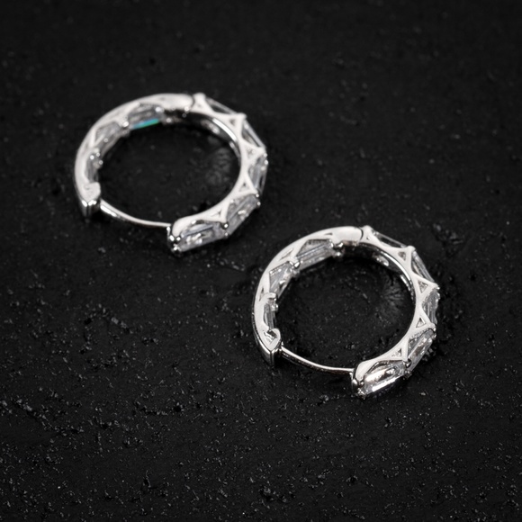 Mens Thin Baguette Skinny Huggie Hoop Earrings - Picture 3 of 4